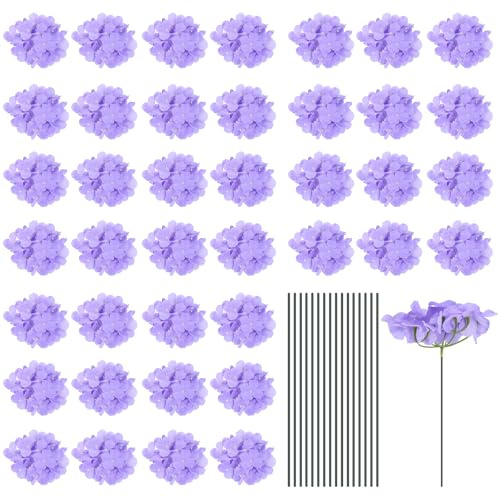 sourcing map Silk Artificial Hydrangea Flowers, Light Purple Artificial Flowers Heads with Stems, Full Hydrangea Flowers for Wedding Centerpieces, Party Decoration 64 Set