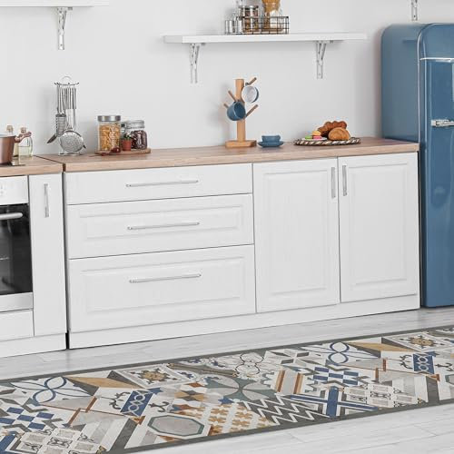 CREARREDA Cement Tiles Kitchen Rug, 180 x 50 cm, Non-Slip and Washable Vinyl, Kitchen Runner, 100% Washable, 100% Made in Italy Deluxe Line