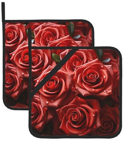 Viele rote Rosen Topflappen Set 2 für Küche, waschbar, hitzebeständig, Topflappen, Hot Pads oder Küche, Kochen, Backen, Mikrowelle, BBQ
