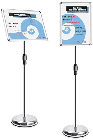 TUKA-i-AKUT 5er A2 Heavy Duty Infoständer Höhenverstellbar für Hoch- / Querformat, Abgerundete Ecken Klapprahmen Plakathalter Ständer für Austauschbare Werbung Hinweisschilder, Silver TKD8423-HD-5X