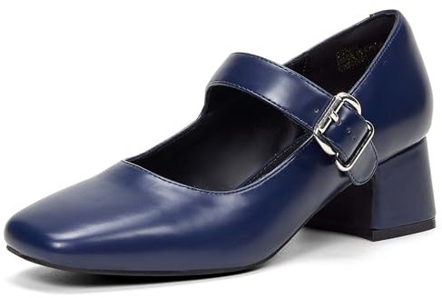 GENSHUO Zapatos Mary Jane de Tacón Bajo y Grueso para Mujer con Punta Cuadrada Cerrada y Correa en el Tobillo, Vestido de Oficina e Iglesia, Azul Marino, 38.5 EU