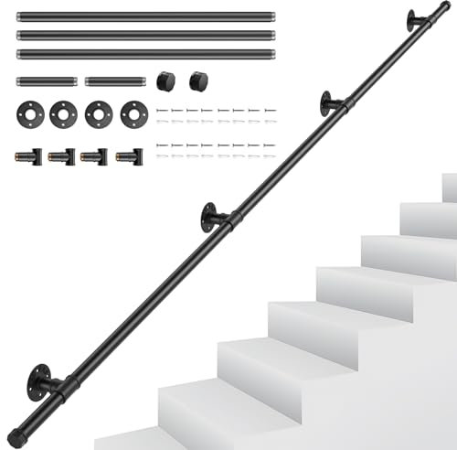 Handrails for Stairs, Sunowl Stair Handrail for Indoor Outdoor, Safety Wall Mounted Hand Rails Non-Slip Industrial Wrought Iron Banister Handrail for Elderly Kids Disabled, 2.5M