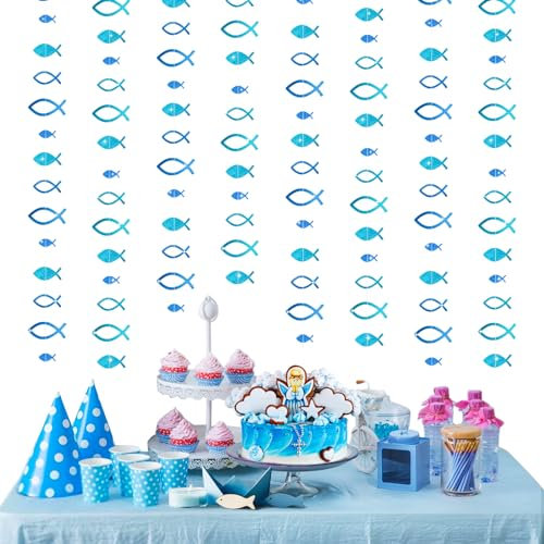 4 STK. Taufe Fisch Girlande Blau Glitzernd Kommunion Girlande Konfirmation Girlande Banner für Mädchen Junge Erstkommunion Taufe Konfirmation Deko