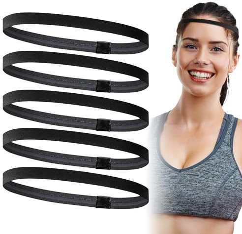 BETESSIN 5 Stück Haarband Sport Herren Jungs Dünn rutschfeste Haarbänder Sport Stirnband Unisex Elastische Kopfband für Männer Frauen Laufen Fitness Gym Headband Schwarz