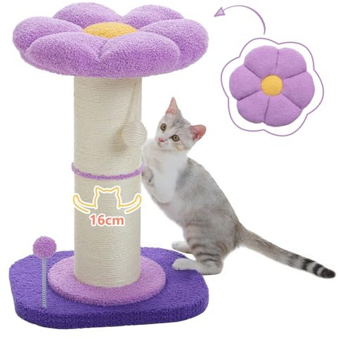 PAWZ Road Griffoir pour Chat en Forme de Fleur Hauteur 60 cm, Arbre a Chat Fleur avec Gros Griffoir (Ø=14cm), Coussin Amovible, Pompon Suspendu et Boule à Ressort, Violet
