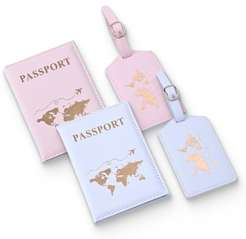 KSJEHW 4 Stück Reisepasshülle, Passport Holder und Kofferanhänger Set, PU Leather Gepäckanhänger Passport Cover für Kreditkarten Ausweis und Reisedokumente