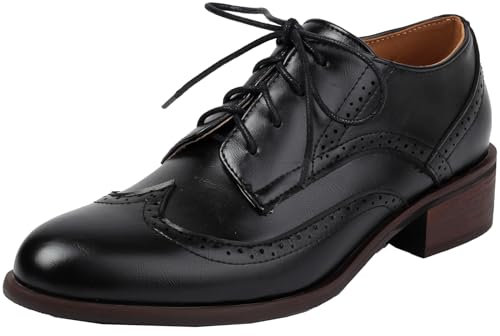 Onewus Zapatos Oxford vintage para mujer con tacón bajo grueso con cordones, Negro , 39 EU