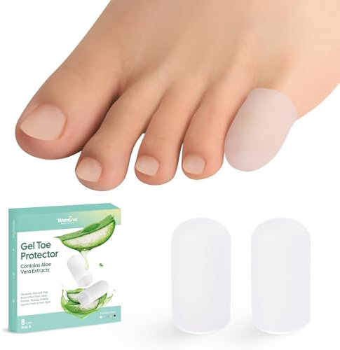 Welnove Gel Toe Cap and Protector - Infused Silicone Toe Covers - Pinky Toe Cushions for Pain Relief, Missing or Ingrown Toenails, Corns, Calluses, Blisters (8S, Clear)