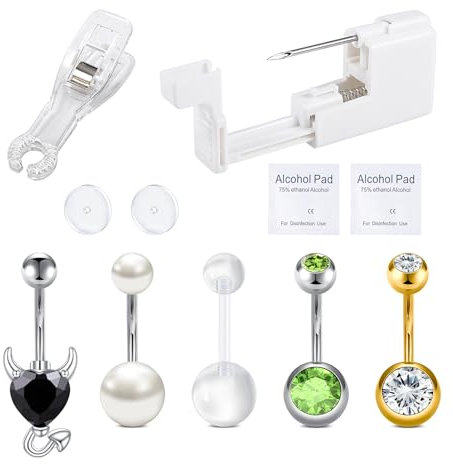 VFUN 10pcs Bauchnabelpiercing Set, Edelstahl 14G Bauchnabel Piercing, 13g Ohrlöcher Selber Stechen Set Piercing Pistole, Selbst Bauch Piercing Körperschmuck Für Frauen Männer