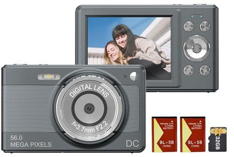 Andoer Fotocamera digitale 1080P, videocamera, videocamera, 56 MP, schermo IPS da 2,88 pollici, zoom digitale 8x, messa a fuoco automatica, anti-shake, con scheda di memoria da 32 GB, 2 batterie per