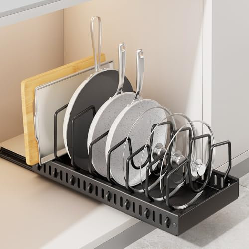 SUNZOS Pots and Pans Organizer for Under Cabinet, Pull Out Pot Lid Organizer for Kitchen, Pan Organizers Inside Cabinet and Storage with 8 Adjustable Dividers