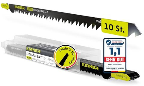 KIRNER Stichsägeblätter Holz 10 Stk. [ bis zu 5x mehr Schnitte ] extra Lang für schnelle, grobe Schnitte (5-120mm) in Holz & Kunststoff - für alle T-Schaft-Stichsägen - Stichsägeblätter Lang