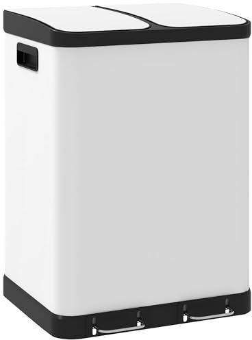 HOMCOM - Contenedor de Basura de Cocina (2 x 30 L, acero inoxidable, con 2 compartimentos, tapa de cierre suave, cubos interiores extraíbles, para reciclaje y residuos, color blanco