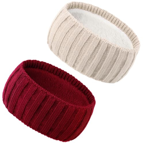 AQOKKA 2 Stück gestrickte Winter-Stirnbänder für Damen, flauschiges Wollfleece gefüttert, Ohrwärmer, gehäkelte Kopfwickel, Winter-Accessoires für Frauen
