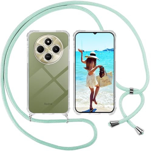 ISOI Funda con Cuerda para Xiaomi Redmi 14C/Xiaomi Redmi 14 C/Poco C75, Carcasa Transparente TPU Suave Silicona Case con Correa Colgante Ajustable Collar Correa de Cuello Cadena Cordón, Verde