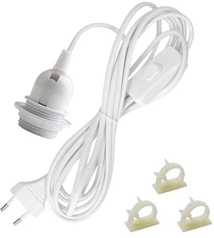 Porte Lampe E27 avec interrupteur et fiche Blanc Douille E27 avec câble d'alimentation de 5m, anneau à vis E27 Suspension de Lampe pour Cuisine, Salon et Chambre d'enfant (Blanc)
