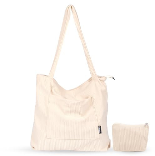 homchen Corduroy Tote Bag with Zipper Waterproof Cord Tote Bag for Women with Multi- Compartments Large Capacity Shoulder Bags Handbags for School Work Shopping Travel Daily Use (Beige)