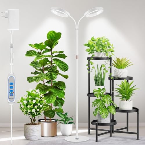 Aumtrly Pflanzenlampe, 2 Kopf 168 LEDs Grow Lampe Vollspektrum mit 170cm Höhenverstellbar Ständer, 6000k Weiß Pflanzenlicht mit 6/12/16H Timer, 5 Helligkeitsstufen, 3 Farbmodi Anzuchtlampe