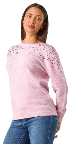 Roman Originals Women Sparkly Embellished Jumper Ladies Diamante Sequin Hotfix Winter Sweater NYE New Year's Eve Christmas Party Going Out Shiny Smart Work Pullover - Light Pink - Size 18