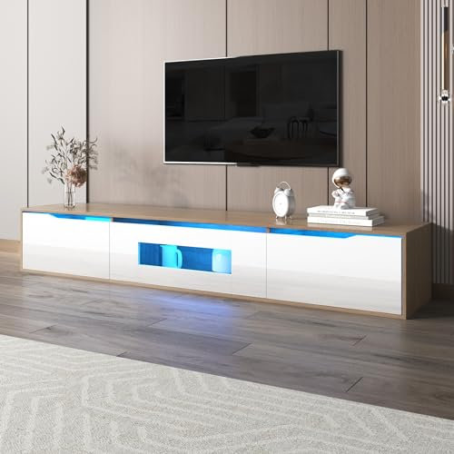 Zepneiy Meuble TV Brillant, Blanc Brillant + Couleur Bois, avec lumière LED à Changement de Couleur, Mural/autoportant