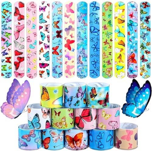 Viicoor Slap Bracelets for Kids 24PCS Butterfly Style Snap Bands Party Gadget Fillers Spring Favor (Butterfly-24P)