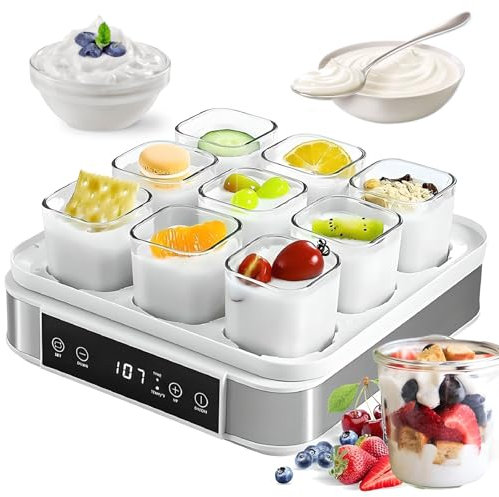 Joghurtbereiter, kleine Fermentationsjoghurtmaschine mit Temperatur 25–65 ℃ und Timer 0–99,59 Stunden, automatischer digitaler Joghurtbereiter mit 9 Gläsern, für Bio-Joghurt zu Hause, Käsebereiter