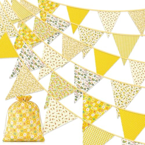 Alintor Floral Bunting, 45 Flags 39.4ft Fabric Bunting, Easter Bunting, Vintage Bunting for Afternoon Tea Garden Party Birthday Festival Spring Easter Decorations (Yellow)