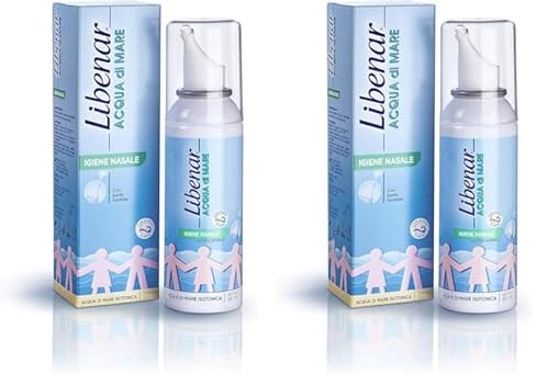Libenar Spray per Igiene Nasale, Soluzione Isotonica con Acqua di Mare per Adulti, Bambini e Neonati, Adatto per l'igiene quotidiana del naso, Punta Morbida, Getto Delicato, 100 ml (Confezione da 2)