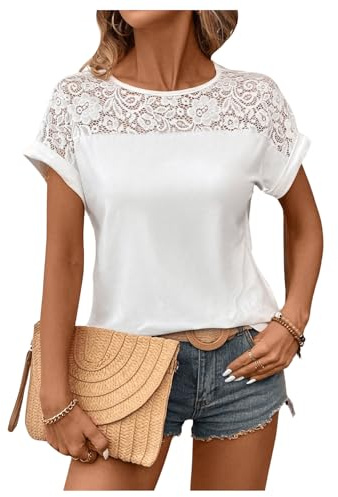 GORGLITTER Women's Floral Lace Sheer Crewneck T Shirts Short Sleeve Elegant Going Out Tops White Large