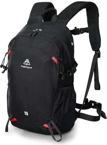 Haimont 15L Leichter Wanderrucksack für Tagestouren Reisen Trekking Schwarz | 540 g Leichtgewicht, Trinksystemfach, Stockhalterungen, Belüftetes Rückenteil, Notfallpfeife, Wasserabweisender