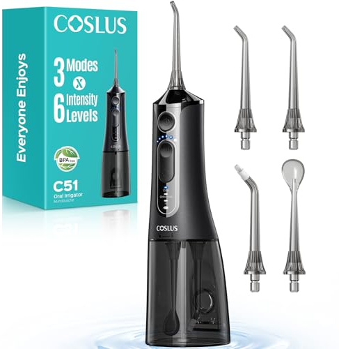 COSLUS Portable Water Flosser for Teeth: 3 Modes & 18 Pressure Settings with Jet Mode Water Dental Pick for Orthodontic, Braces, Sensitive Gums, Compact for Travel, 300ML for Multiple Users, Black C51