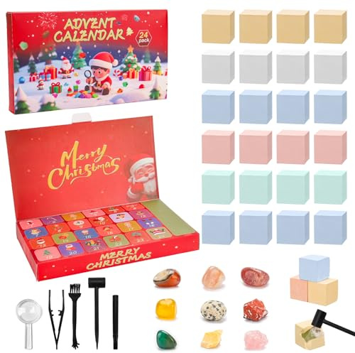 Adventskalender Weihnachts Archäologisches Spielzeug Überraschungs Box 24 teilige Ausgrabungs Set Edelsteinen & Werkzeugen Kreative Schatzsuche für Kinder