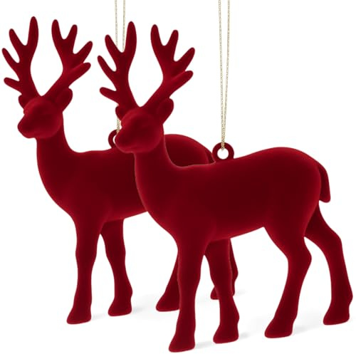 MIJOMA Dekoanhänger 2er Set Hirsch beflockt aus Kunststoff 13x10cm – Weihnachtsdeko Hänger in Trendfarben Samtoptik – Weihnachtsbaum Anhänger modern & stilvoll (Dunkelrot)
