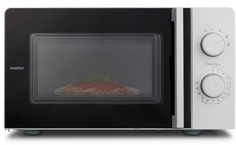 MEDION microondas compacta (20 litros, 700 vatios, diseño que ahorra espacio, 5 niveles de potencia, función de descongelación, temporizador, MD12211) gris claro [MODELO 2025]
