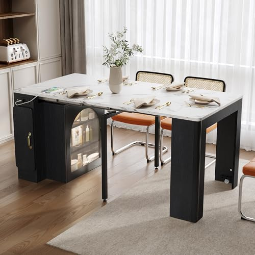 KecDuey Isla de cocina con ruedas, mesa de comedor extensible con tablero extraíble, carrito de servicio móvil con regletas de enchufes para cocina y comedor (negro)