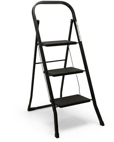 Stahl Trittleiter 3-stufig klappbar schwarz - 105 x 73 cm | Belastbar bis 150 kg, Antirutsch, Klappsicherung, TÜV geprüft