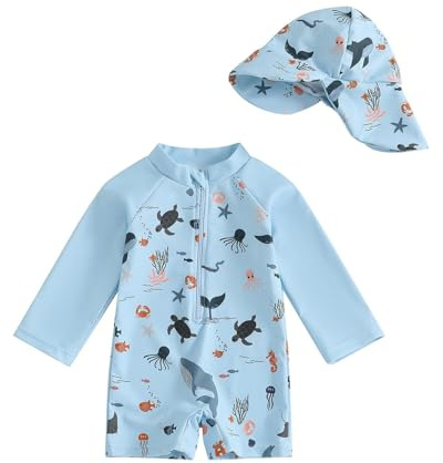 JiAmy Maillot de bain une pièce pour bébé garçon avec chapeau de soleil, manches longues, fermeture éclair, protection solaire, maillot de bain une pièce, Bleu pâle, 9-12 Months