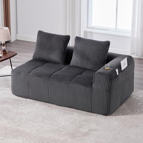 Ligterra Boneless Couch, Sofa mit Schlaffunktion, 2 Sitzer Sofa, Schlafsofa mit 2 Kissen & Seitentaschen, Getränkehalter, Cord, Ohne Montage, für Wohnzimmer, Schlafzimmer, 158×93×61cm (Dunkelgrau)