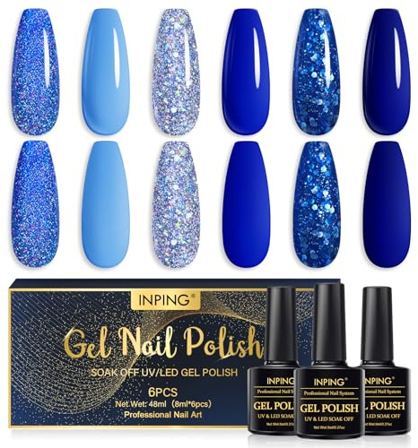 INPING UV Nagellack Blau 6 Farben Gel Gelnägel Nagellack Set 8ML | Dunkelblau Glitzer Silber Marine Himmelblauer Ozean Kobaltblau Sommer Frühling Gelnägel für DIY Nail Art Maniküre Kit