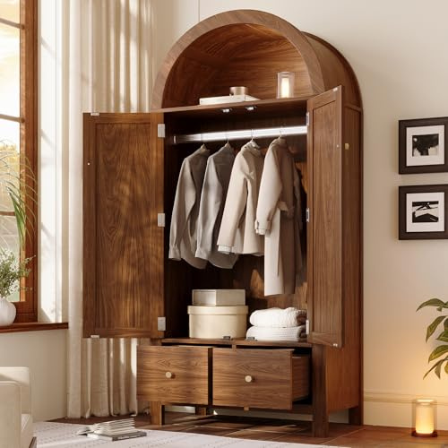 RIAZOS Kleiderschrank mit Stange, Doppeltüriger Design, mit 2 Schubladen, Offene Halbrunde Ablage, 2 Türen mit Rattan-Flechten und Magnetverschluss, Walnussoptik, 78x45x181 cm