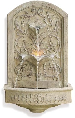 Sunlinua Vintage Wall-Mounted Water Feature, 3-Tier Carved Garden Water Fountain with LED Light and Electric Pump for for Gardens, Landscaping, Patios, Balconies, 72cm