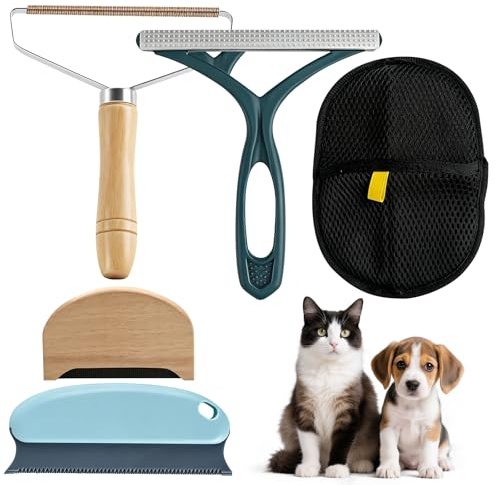 5 Pcs Pet Hair Remover,Portable Lint Tool for Carpet,Sofa & Furniture | Carpet Rake,Scraper Tool with Electrostatic Glove,Portable Lint Remover for Car,Clothing,Dog Cat Hair Removal Kit