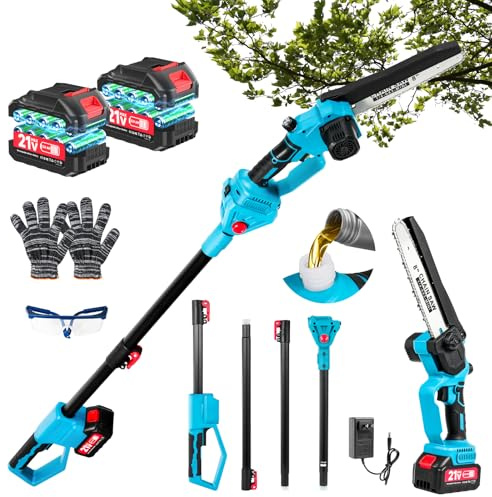 Motosega 2 in 1 a batteria e mini motosega da 8 pollici, motore senza boccoli, motosega telescopica con 2 batterie da 3000 mAh, asta di scorrimento fino a 4,2 m, per albero rifilatura ramo, attrezzi