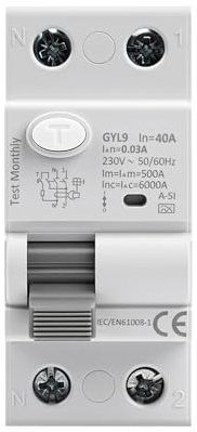 Interruptor diferencial superinmunizado 40A 30mA 2 polos Tipo A-SI | RCCB Disyuntor magnetotermico 40A 30mA 6kA AC230V Montaje en carril IP20 Material ABS con protección contra fugas eléctricas