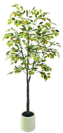 180 cm Grande Limonero artificial realista, planta falsa interior con limón realistas, maceta blanca, multi rama y follaje, sin mantenimiento, árbol artificial decorativo para sala de estar, oficina