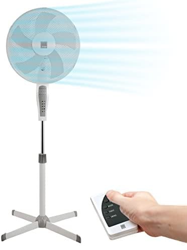 Knight 16 Pedestal Stand Fan Remote Control, Wide Leg Cross Base, Extra Strong 5 Section Blade For High Wind Performance, Up to 4 Hours Timer, Oscillation With 3 Wind Speed - White (Upgraded Model)