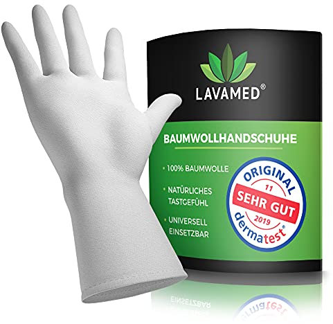 LAVAMED Baumwollhandschuhe aus 100% Baumwolle (Dermatest: Sehr Gut) weiße Handschuhe, weiche Textilhandschuhe für Handmasken, waschbare Stoffhandschuhe mit zertifizierter Hautverträglichkeit