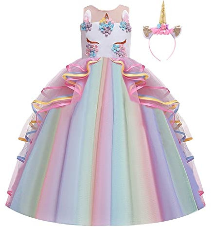 MYRISAM Princesse Fille Licorne Déguisement Robe de Anniversaire Cérémonie Soirée Halloween Carnaval Noël Fête Spectacle Mariage Longue en Tulle Robes Bal avec Bandeau Multicolore 8-9