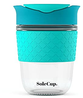 SoleCup. - Reusable Strengthened Glass Travel Cup - Spill Proof Insulated Coffee Mug - 12oz/340ml BPA-Free Hot Drink Travel Mug with Lid & Silicone Band (Blue)