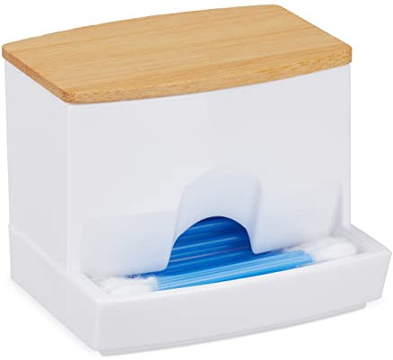 Relaxdays Wattestäbchen Aufbewahrung, Acryl, Bambus, Kosmetik Box mit Deckel, kleiner Ohrstäbchen Spender, weiß/natur